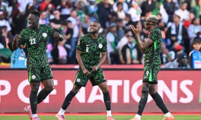 Nigeria players celebrating their 2-0 AFCON quarter-final victory over Algeria