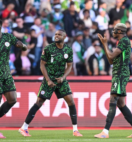 Nigeria players celebrating their 2-0 AFCON quarter-final victory over Algeria