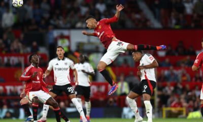 Casemiro heading the ball against Fulham in the Premier League