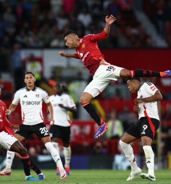 Casemiro heading the ball against Fulham in the Premier League