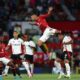 Casemiro heading the ball against Fulham in the Premier League