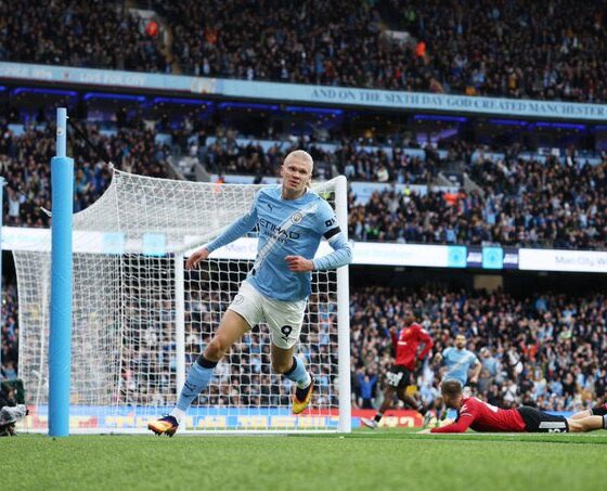 Erling Haaland of Manchester City against Manchester United in the Premier League derby