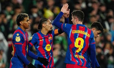 Lamine Yamal, Raphinha and Robert Lewandowski of FC Barcelona celebrating