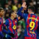 Lamine Yamal, Raphinha and Robert Lewandowski of FC Barcelona celebrating