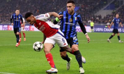 Lautaro Martinez of Inter Milan against Gabriel Jesus of Arsenal in the Champions League