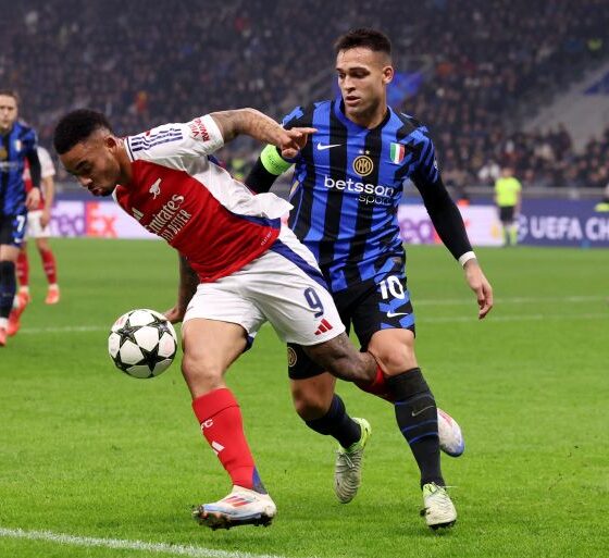 Lautaro Martinez of Inter Milan against Gabriel Jesus of Arsenal in the Champions League