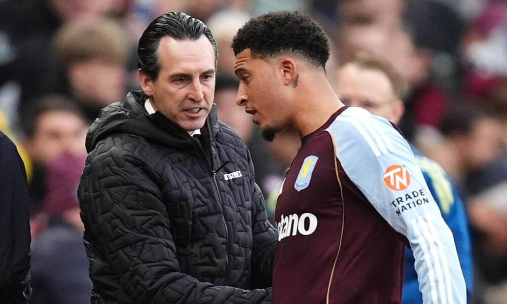Aston Villa Manager Unai Emery Left Alongside Winger Jadon Sancho Right