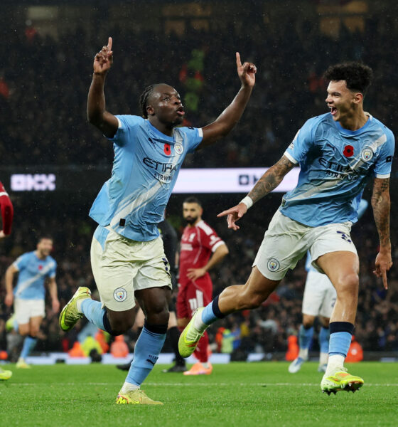 Jeremy Doku of Manchester City against Liverpool in the Premier League