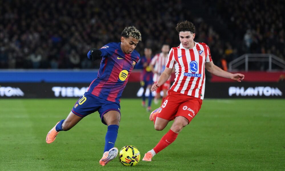 Lamine Yamal of Barcelona against Julian Alvarez of Atletico Madrid in the Copa del Rey semi-final