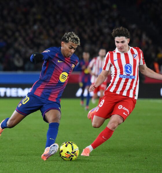 Lamine Yamal of Barcelona against Julian Alvarez of Atletico Madrid in the Copa del Rey semi-final