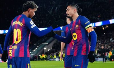 Lamine Yamal and Raphinha of FC Barcelona in La Liga
