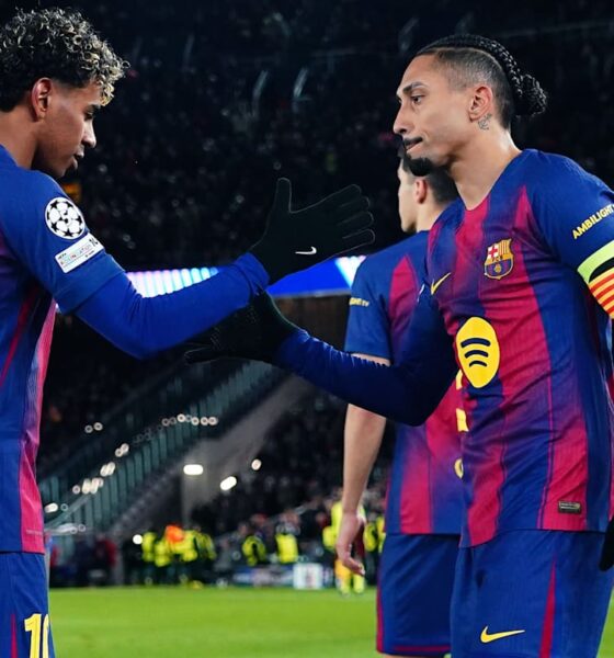 Lamine Yamal and Raphinha of FC Barcelona in La Liga