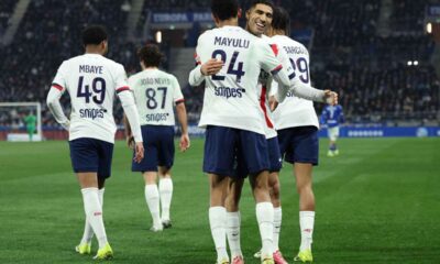Senny Mayulu of PSG celebrating a goal in Ligue 1