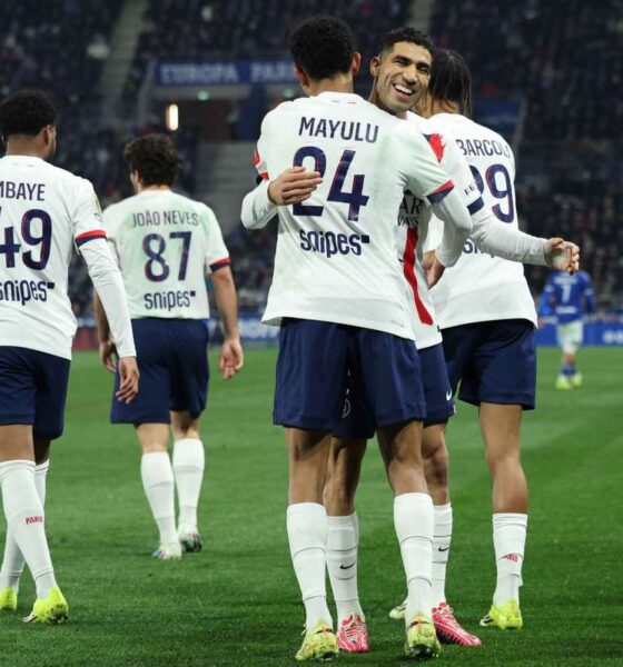 Senny Mayulu of PSG celebrating a goal in Ligue 1