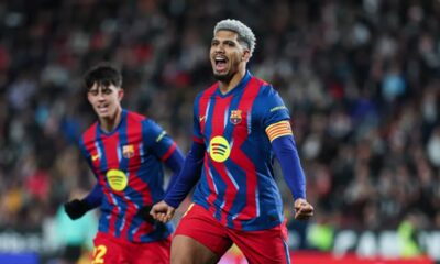Ronald Araujo of Barcelona scoring against Albacete in the Copa del Rey
