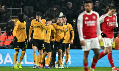 Wolverhampton Wanderers Players Celebrating An Equalizing Goal Against Arsenal