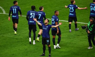 Hakan Calhanoglu Celebrating A Goal For Inter Milan During A Match Against Genoa At San Siro