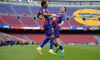 Lamine Yamal and Fermin Lopez of FC Barcelona celebrating at Camp Nou