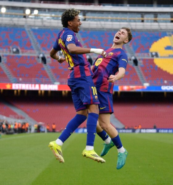 Lamine Yamal and Fermin Lopez of FC Barcelona celebrating at Camp Nou