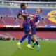 Lamine Yamal and Fermin Lopez of FC Barcelona celebrating at Camp Nou