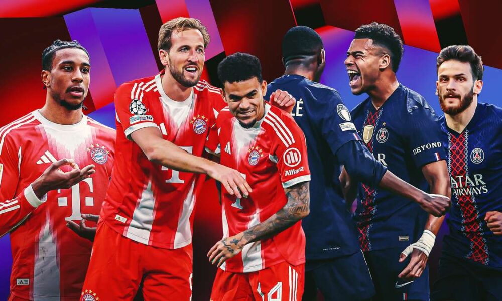 This image captures the intense rivalry between FC Bayern Munich and Paris Saint-Germain (PSG) as they prepare for a high-stakes UEFA Champions League semi-final tonight, April 28, 2026. The graphic features key players from both sides, including Bayern's Harry Kane and Michael Olise, alongside PSG's Bradley Barcola and Ousmane Dembélé. Image used for Sportxparte news preview.
