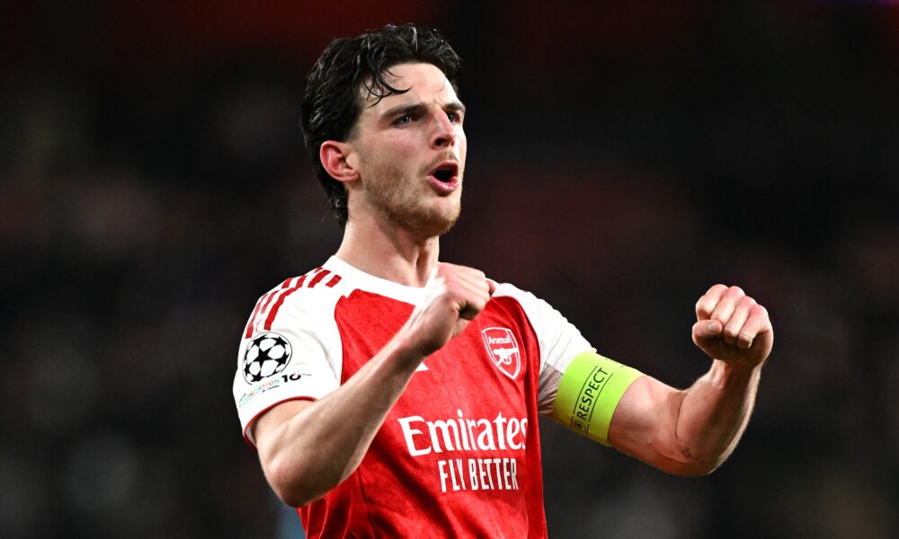 Arsenal midfielder Declan Rice celebrates after Arsenal secured a place in the UEFA Champions League semi-finals following a 1-0 aggregate victory over Sporting Lisbon. Image used for Sportxparte news.