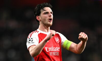 Arsenal midfielder Declan Rice celebrates after Arsenal secured a place in the UEFA Champions League semi-finals following a 1-0 aggregate victory over Sporting Lisbon. Image used for Sportxparte news.