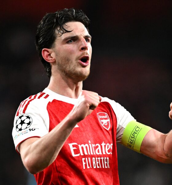 Arsenal midfielder Declan Rice celebrates after Arsenal secured a place in the UEFA Champions League semi-finals following a 1-0 aggregate victory over Sporting Lisbon. Image used for Sportxparte news.