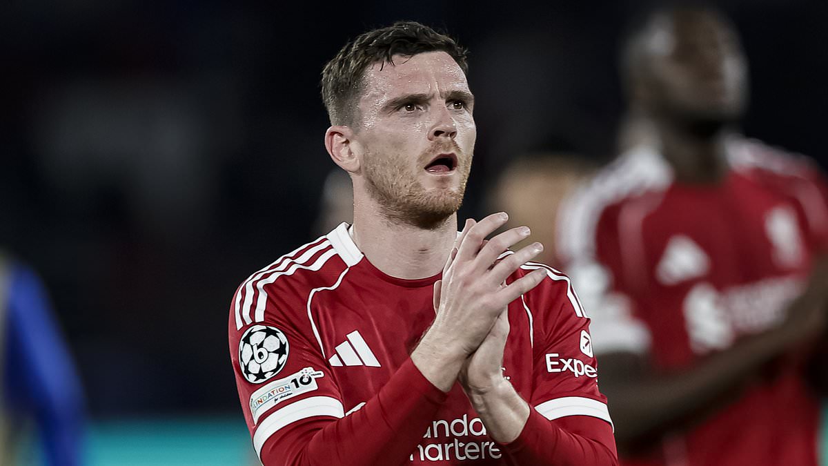 Liverpool defender Andrew Robertson clapping for fans in the 2025/26 home kit during a Champions League match.A photo used by Sportxparte news