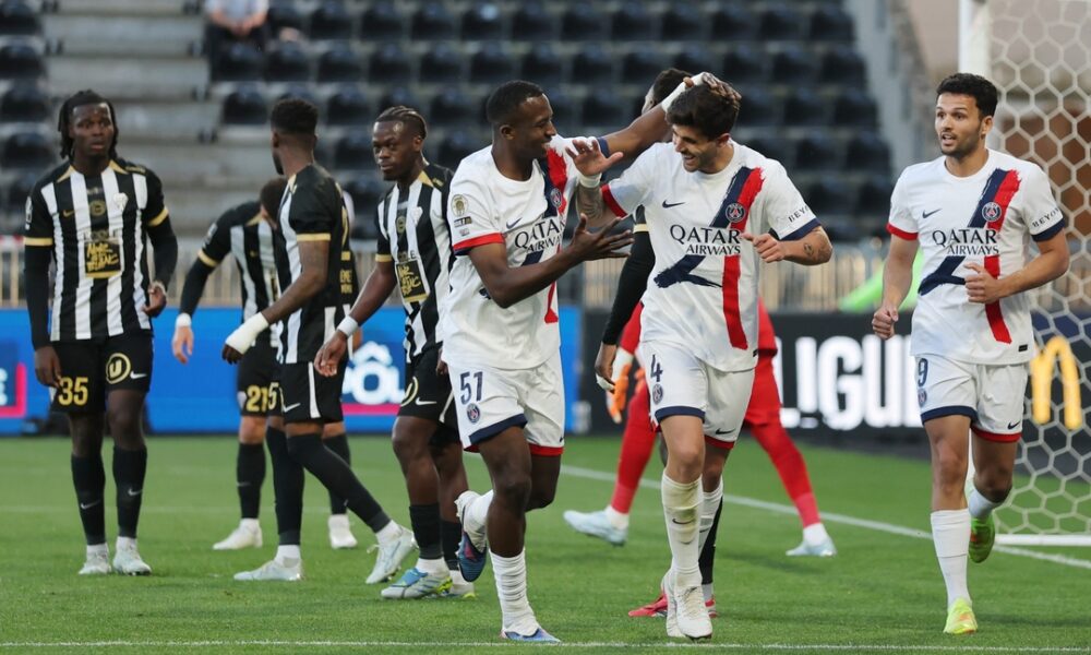 PSG players Willian Pacho (51), Lucas Beraldo (4), and Lucas Hernández celebrate after scoring a goal during their 3-0 victory against Angers SCO at the Stade Raymond Kopa on April 25, 2026. Image used for Sportxparte news roundup.