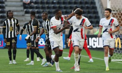 PSG players Willian Pacho (51), Lucas Beraldo (4), and Lucas Hernández celebrate after scoring a goal during their 3-0 victory against Angers SCO at the Stade Raymond Kopa on April 25, 2026. Image used for Sportxparte news roundup.