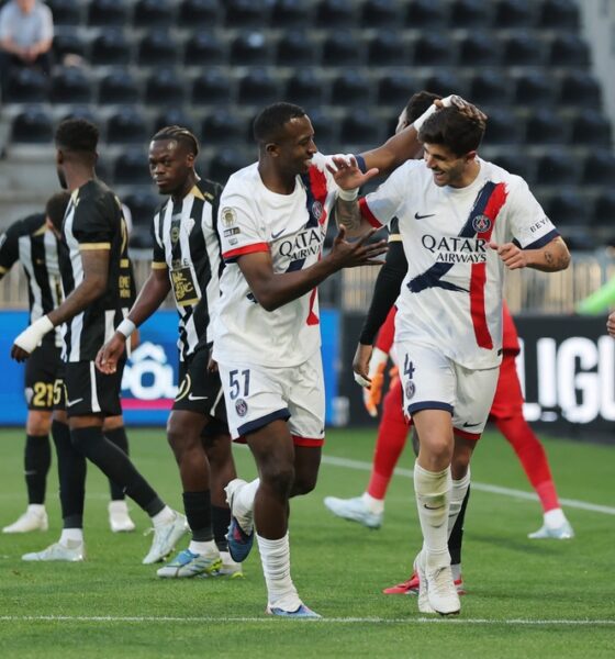 PSG players Willian Pacho (51), Lucas Beraldo (4), and Lucas Hernández celebrate after scoring a goal during their 3-0 victory against Angers SCO at the Stade Raymond Kopa on April 25, 2026. Image used for Sportxparte news roundup.