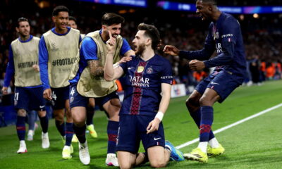 Kvaratskhelia is celebrating his goal in the Champions League quarter-final against Liverpool, which took place just yesterday on April 8, 2026. Image used for Sportxparte News Roundup.