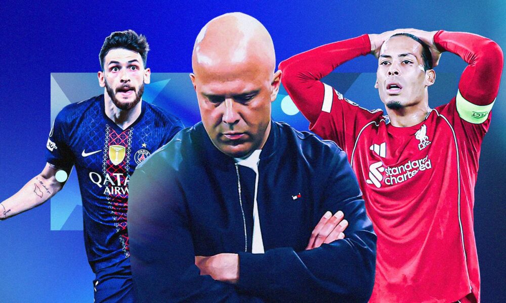 A composite image of three key football figures against a blue background: center, Arne Slot looks downward with a somber expression; to his right, Virgil van Dijk in a red Liverpool jersey holds his head in frustration; to his left, Khvicha Kvaratskhelia in a dark PSG jersey is shown in action. Image used for Sportxparte news