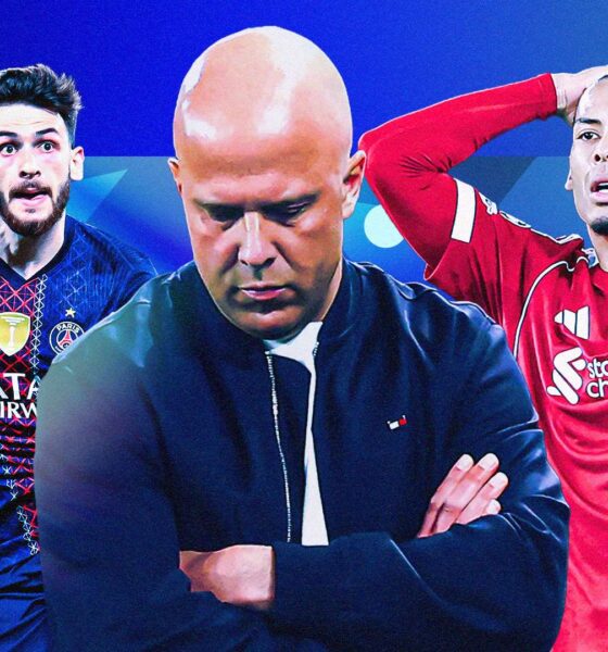 A composite image of three key football figures against a blue background: center, Arne Slot looks downward with a somber expression; to his right, Virgil van Dijk in a red Liverpool jersey holds his head in frustration; to his left, Khvicha Kvaratskhelia in a dark PSG jersey is shown in action. Image used for Sportxparte news
