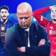 A composite image of three key football figures against a blue background: center, Arne Slot looks downward with a somber expression; to his right, Virgil van Dijk in a red Liverpool jersey holds his head in frustration; to his left, Khvicha Kvaratskhelia in a dark PSG jersey is shown in action. Image used for Sportxparte news