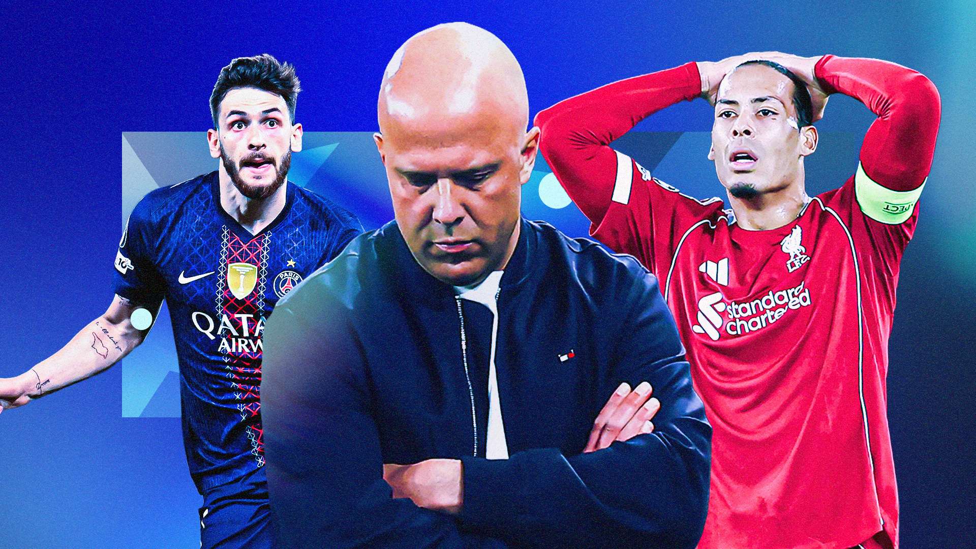 A composite image of three key football figures against a blue background: center, Arne Slot looks downward with a somber expression; to his right, Virgil van Dijk in a red Liverpool jersey holds his head in frustration; to his left, Khvicha Kvaratskhelia in a dark PSG jersey is shown in action. Image used for Sportxparte news