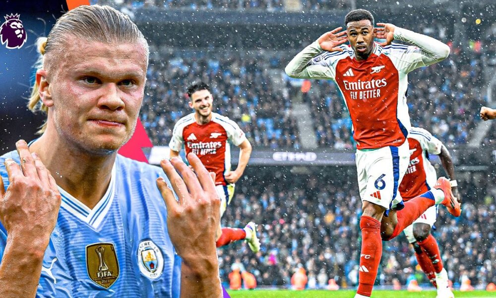 An action-oriented promotional graphic featuring Erling Haaland of Manchester City on the left, looking intense and celebrating, and Gabriel Magalhães of Arsenal on the right, running and celebrating a goal. In the background, another Arsenal player is visible on the pitch in a crowded stadium during a rainy match day. The Premier League logo is positioned in the top left corner. Image used for Sportxparte news.