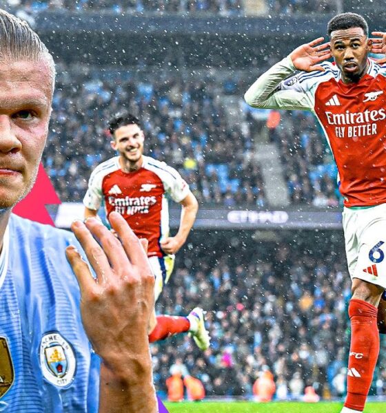 An action-oriented promotional graphic featuring Erling Haaland of Manchester City on the left, looking intense and celebrating, and Gabriel Magalhães of Arsenal on the right, running and celebrating a goal. In the background, another Arsenal player is visible on the pitch in a crowded stadium during a rainy match day. The Premier League logo is positioned in the top left corner. Image used for Sportxparte news.
