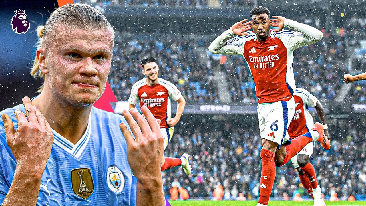 An action-oriented promotional graphic featuring Erling Haaland of Manchester City on the left, looking intense and celebrating, and Gabriel Magalhães of Arsenal on the right, running and celebrating a goal. In the background, another Arsenal player is visible on the pitch in a crowded stadium during a rainy match day. The Premier League logo is positioned in the top left corner. Image used for Sportxparte news.