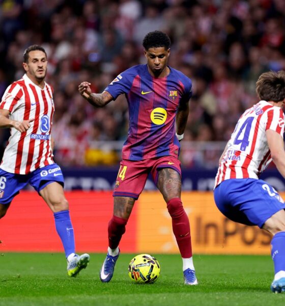 Marcus Rashford playing for FC Barcelona during a La Liga match against Atlético de Madrid. The game took place on April 4, 2026, at the Riyadh Air Metropolitano Stadium in Madrid. Image used for Sportxparte news.