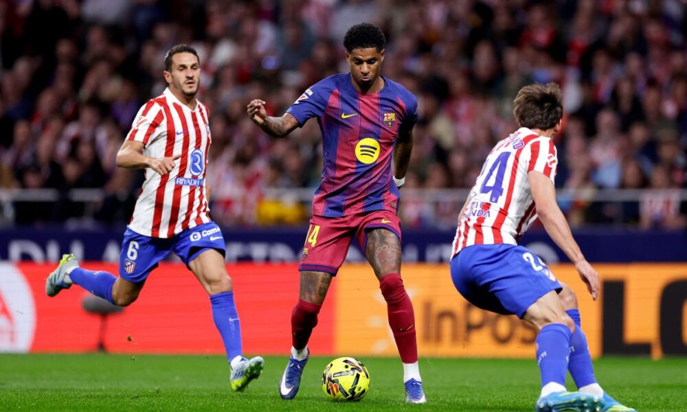 Marcus Rashford playing for FC Barcelona during a LaLiga EA Sports match against Atletico Madrid. Image used for Sportxparte News