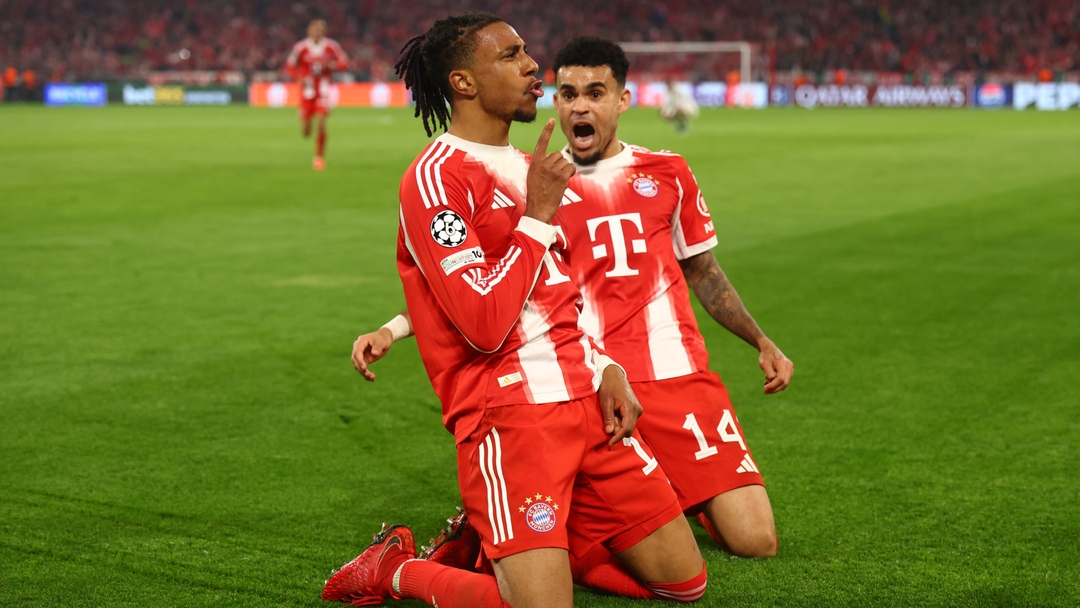 This image captures Michael Olise and Luis Díaz celebrating a late goal during the UEFA Champions League quarter-final second leg between Bayern Munich and Real Madrid on April 15, 2026. Image used for Sportxparte news.