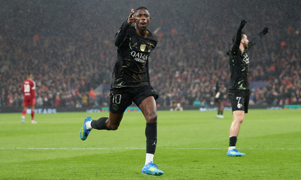 Ousmane Dembélé celebrates scoring for PSG against Liverpool in the 2026 Champions League quarter-final at Anfield. Image used for Sportxparte news.