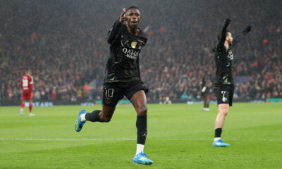 Ousmane Dembélé celebrates scoring for PSG against Liverpool in the 2026 Champions League quarter-final at Anfield. Image used for Sportxparte news.