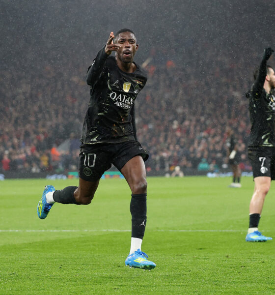 Ousmane Dembélé celebrates scoring for PSG against Liverpool in the 2026 Champions League quarter-final at Anfield. Image used for Sportxparte news.