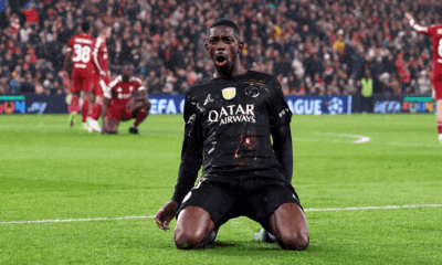 Ousmane Dembélé celebrating a goal for Paris Saint-Germain during a UEFA Champions League quarter-final match against Liverpool at Anfield on April 14, 2026. Image used for Sportxparte news