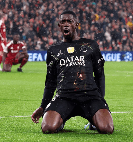 Ousmane Dembélé celebrating a goal for Paris Saint-Germain during a UEFA Champions League quarter-final match against Liverpool at Anfield on April 14, 2026. Image used for Sportxparte news