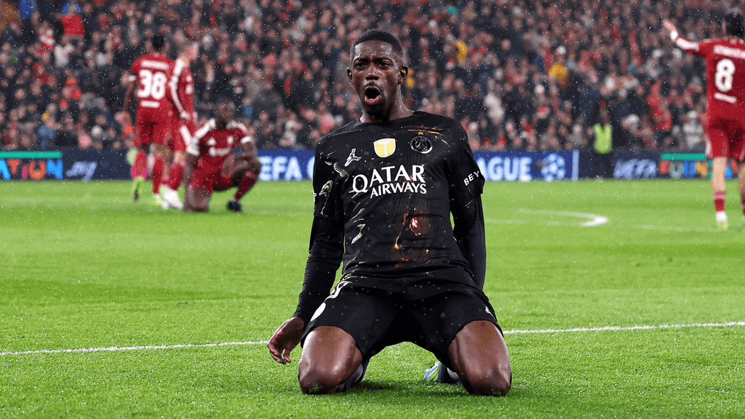 Ousmane Dembélé celebrating a goal for Paris Saint-Germain during a UEFA Champions League quarter-final match against Liverpool at Anfield on April 14, 2026. Image used for Sportxparte news