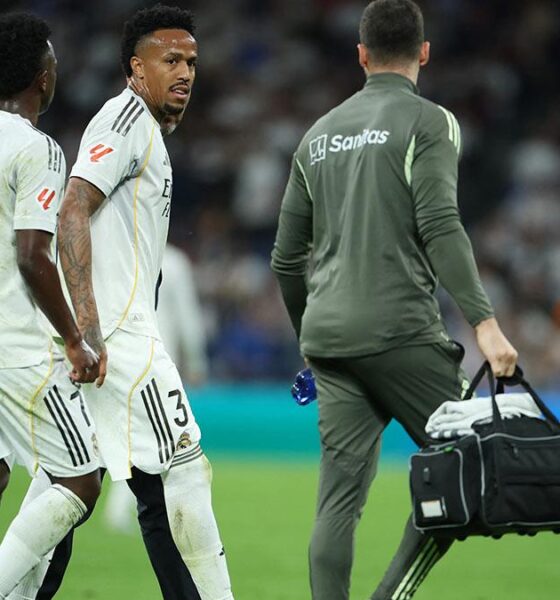 Real Madrid defender Éder Militão (jersey #3) is currently sidelined for the remainder of the 2025-2026 season due to a significant muscle injury. Image used for Sportxparte news.